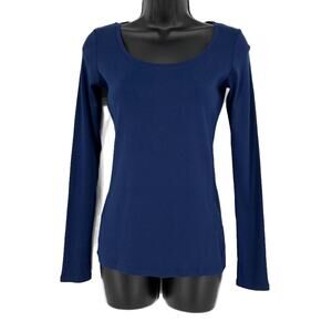 Cuyana Long Sleeve Open Neck Tee in Navy Blue Size X-Small